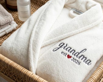 Grandma Robe Personalized White Embroidered Plush Bathrobe - Custom Womens Robe with Text - Monogrammed Gift for Mom and Grandmas