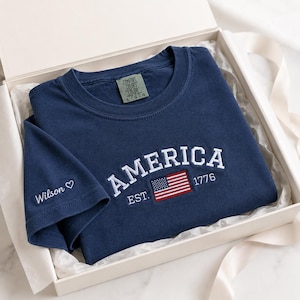 Comfort Colors American Flag Embroidered Shirt - Customizable Independence Day Gift - Personalized Semi-quincentennial Shirt image 3