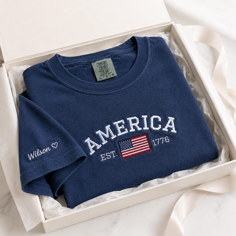 Comfort Colors American Flag Embroidered Shirt - Customizable Independence Day Gift - Personalized Semi-quincentennial Shirt image 3