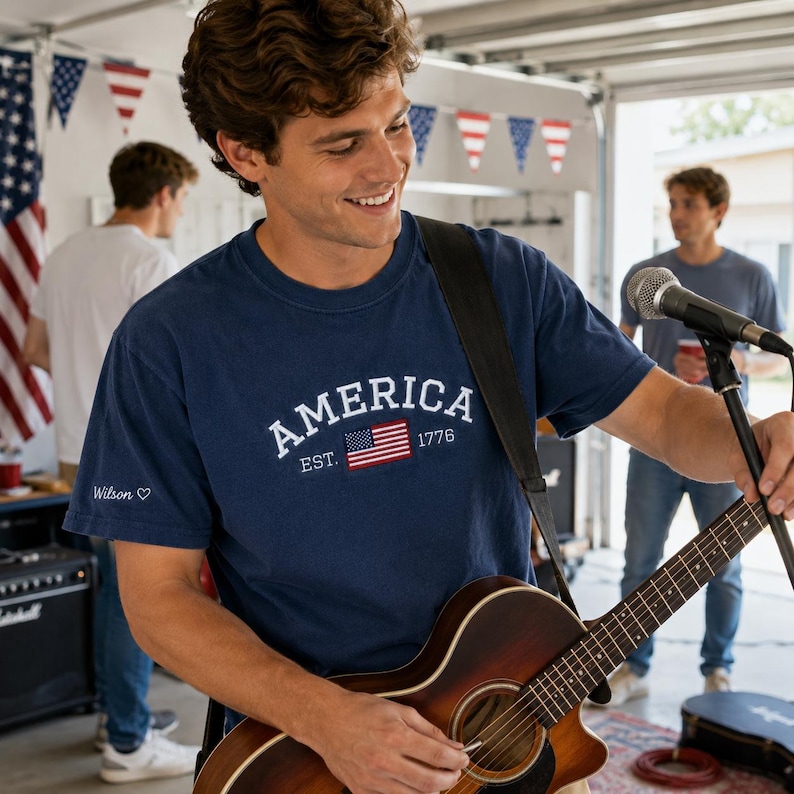 Comfort Colors American Flag Embroidered Shirt - Customizable Independence Day Gift - Personalized Semi-quincentennial Shirt image 8