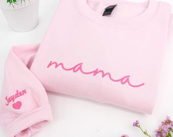 Pink Sweatshirt with Mama Embroidered Kids Name on Sleeve - Custom Mom Sweatshirt - Valentine Gift for Mama - Mommy Outfits - Pregnancy Gift