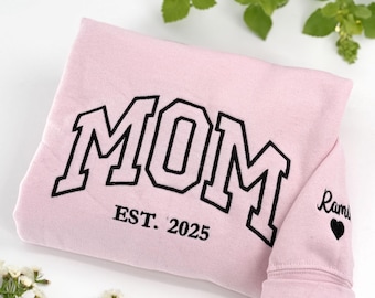 Sweat-shirt personnalisé brodé pour maman, nom de l'enfant sur la manche, cadeau de Noël pour maman