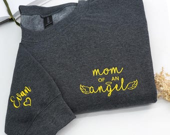 Sudadera bordada "Mamá de un ángel": regalo personalizado para el recuerdo de un bebé en duelo, cuello redondo por la pérdida de un bebé.