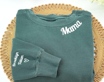 Comfort Colors Embroidered Mama Sweatshirt - Personalized Kid Name - Baby Announcement - New Mom Gift