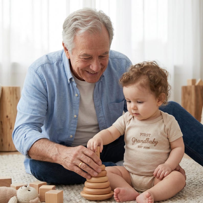 Happy grandparents holding their first grandchild who is wearing a custom "First Grandbaby EST 2026" bodysuit in Natural. This emotional moment highlights the bodysuit as a meaningful family gift. The neutral tones of the Rabbit Skins 4400 outfit blend perfectly with the aesthetic home decor, celebrating the special bond between generations.