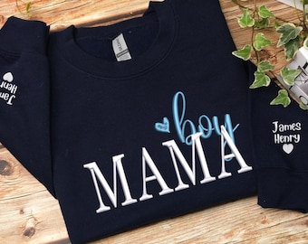 Boy Mama Embroidered Sweatshirt: Custom Kids Name on Sleeve, Boy Mom Club Crewneck, Mother and Son Gift