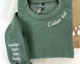 Custom Embroidered Mama Grandma Gigi or Any Text on Neckline Sweatshirt - Names on Sleeve - Personalized Gift for Mom Mother Momma Sweater