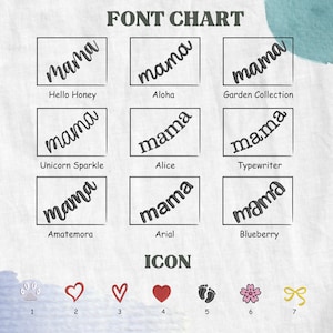 May include: A font chart featuring the word "mama" in various styles, including "Hello Honey," "Aloha," and "Garden Collection." Below are icons of a paw print, hearts, footprints, a flower, and a bow.