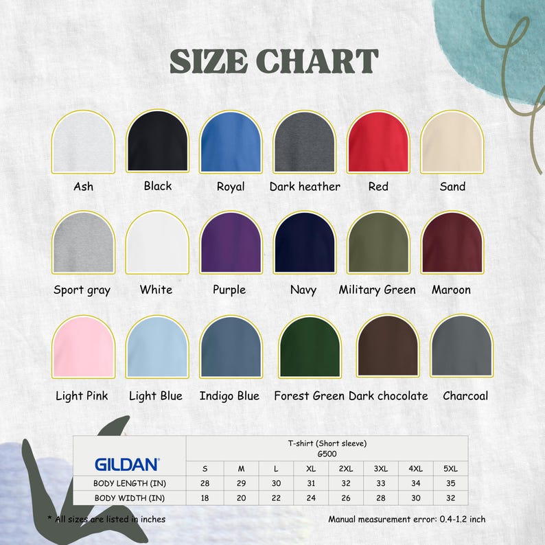 May include: A size chart for Gildan short sleeve t-shirts, featuring a variety of colors including black, red, and navy. The chart displays body length and width measurements in inches for sizes S through 5XL. The text "SIZE CHART" is at the top.