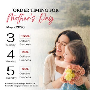 Op de afbeelding: Afbeelding ter promotie van Moederdag met de tekst: "ORDER TIMING FOR Mother's Day May - 2026." Een moeder en kind omarmen elkaar en houden bloemen vast. De succespercentages voor de levering worden vermeld voor zondag, maandag en dinsdag.