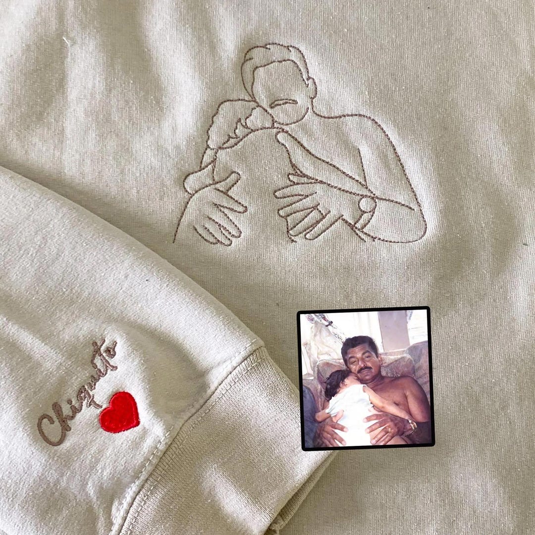 Embroidered Dad Portrait Sweatshirt - Custom Dad and Daughter Photo Sweater - Personalized Line Art Drawing - Father's Day Gift For Him
