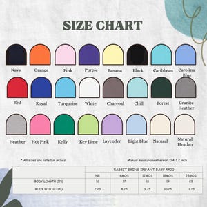 May include: A size chart for Rabbit Skins infant baby clothing, model 4400, with a variety of colors including navy, orange, and pink. The chart lists body length and width in inches for sizes NB to 24 months.