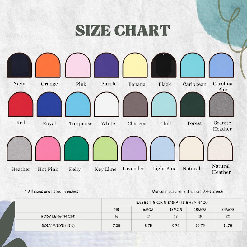 May include: A size chart for Rabbit Skins infant baby clothing, model 4400, with a variety of colors including navy, orange, and pink. The chart lists body length and width in inches for sizes NB to 24 months.