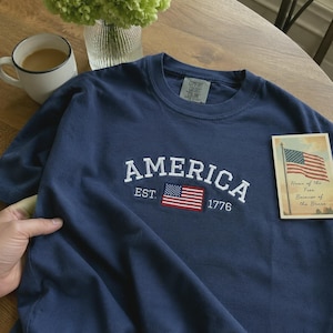 Comfort Colors American Flag Embroidered Shirt - Customizable Independence Day Gift - Personalized Semi-quincentennial Shirt image 1