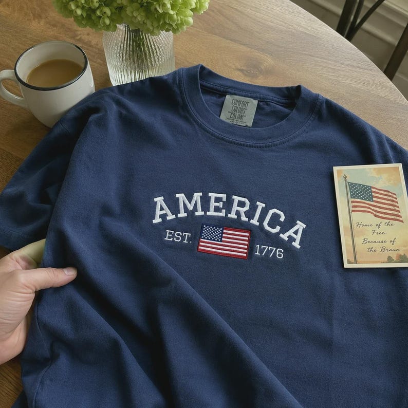 Comfort Colors American Flag Embroidered Shirt - Customizable Independence Day Gift - Personalized Semi-quincentennial Shirt image 1