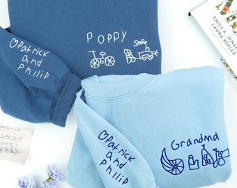 Embroidered Kids Handwriting Matching Sweatshirt for Grandma Grandpa - Custom Kids Art Sweatshirt - Drawing From Photo - Grandparents Gift