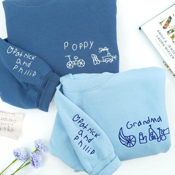 Embroidered Kids Handwriting Matching Sweatshirt for Grandma Grandpa - Custom Kids Art Sweatshirt - Drawing From Photo - Grandparents Gift