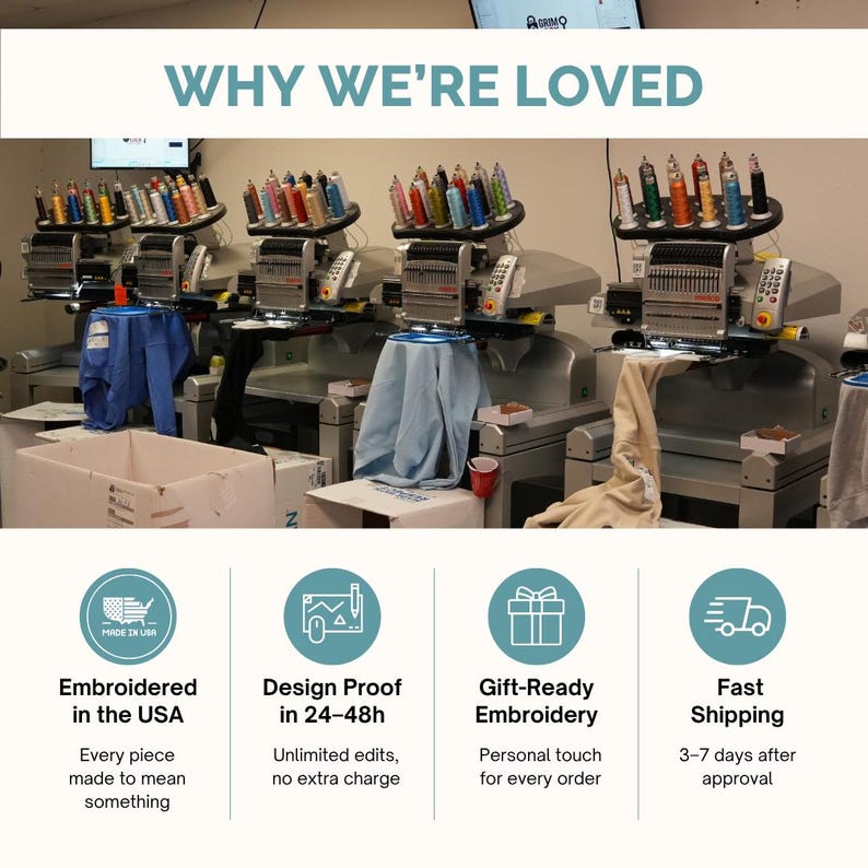 May include: Image of embroidery machines in a workshop. The text "WHY WE'RE LOVED" is at the top. Below are icons and text: "Embroidered in the USA", "Design Proof in 24-48h", "Gift-Ready Embroidery", and "Fast Shipping".