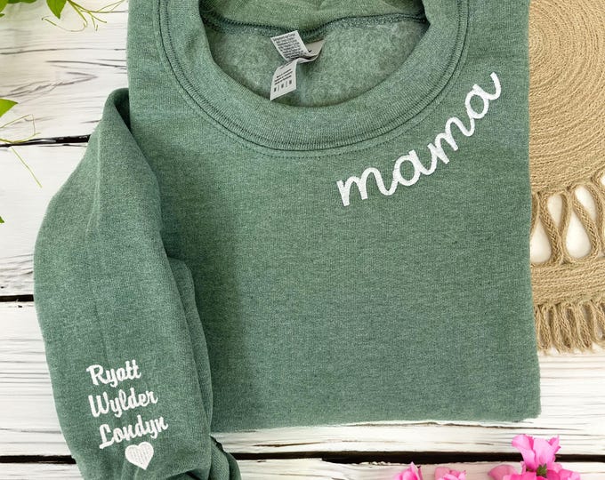 Custom Embroidered Mama Sweatshirt With Child Name - Mom Birthday Sweatshirt - Minimalist Momma Sweater - Mother's Day Gift
