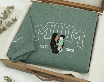 Gepersonaliseerde moeder Varsity geborduurd sweatshirt met afbeelding - Custom Boy Mama-sweater - kinderportret van foto - Mom Life Gift