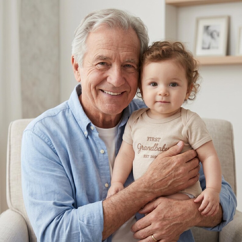 Happy grandparents holding their first grandchild who is wearing a custom "First Grandbaby EST 2026" bodysuit in Natural. This emotional moment highlights the bodysuit as a meaningful family gift. The neutral tones of the Rabbit Skins 4400 outfit blend perfectly with the aesthetic home decor, celebrating the special bond between generations.