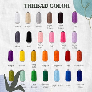 May include: A color chart displaying thread colors, including white, beige, silver, brown, black, pink, purple, yellow, orange, red, and blue. The text "THREAD COLOR" is at the top. Each color is labeled with its name.