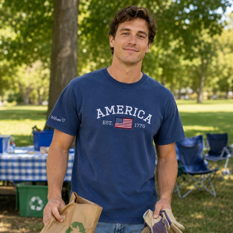 Comfort Colors American Flag Embroidered Shirt - Customizable Independence Day Gift - Personalized Semi-quincentennial Shirt image 7
