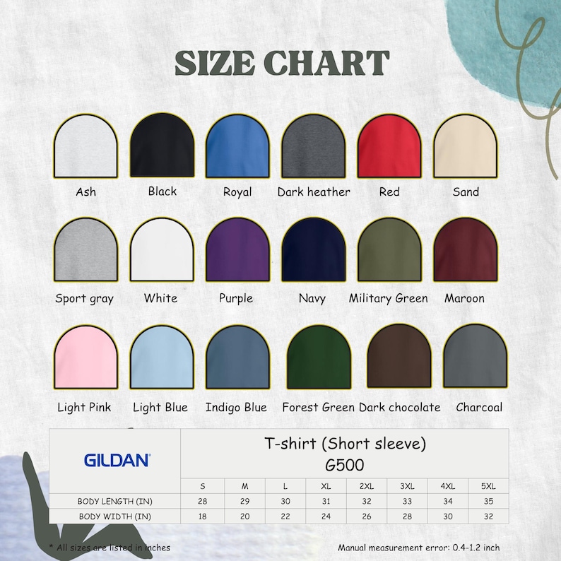 K&ouml;nnte beinhalten: Eine Gr&ouml;&szlig;entabelle f&uuml;r Gildan G500 Kurzarm-T-Shirts mit achtzehn Farbmustern, beschriftet als Ash, Black, Royal, Dark heather, Red, Sand, Sport gray, White, Purple, Navy, Military Green, Maroon, Light Pink, Light Blue, Indigo Blue, Forest Green, Dark chocolate und Charcoal. Eine Tabelle listet die K&ouml;rperl&auml;nge und -breite in Zoll f&uuml;r die Gr&ouml;&szlig;en S bis 5XL auf.