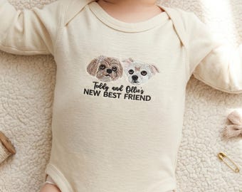Nuevo body para bebé mascota "Mejor amigo" - Body personalizado con retrato de perro bordado - Ropa de bebé con foto de perro personalizada - Body para bebé "Nuevo hermano"