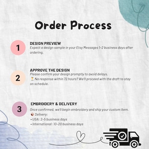May include: An illustrated order process guide with the title "Order Process". The guide includes steps for design preview, design approval, and embroidery & delivery. The image also includes a heart and a delivery truck icon.