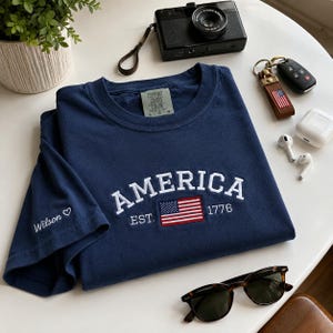 Comfort Colors American Flag Embroidered Shirt - Customizable Independence Day Gift - Personalized Semi-quincentennial Shirt image 4