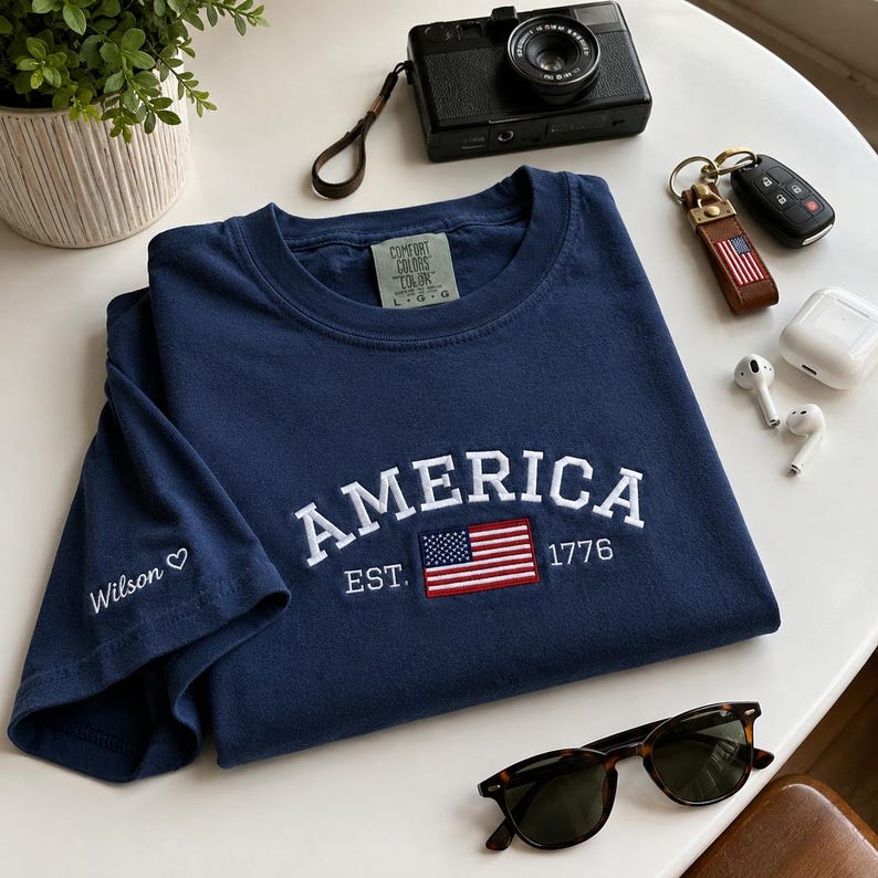 Comfort Colors American Flag Embroidered Shirt - Customizable Independence Day Gift - Personalized Semi-quincentennial Shirt image 4