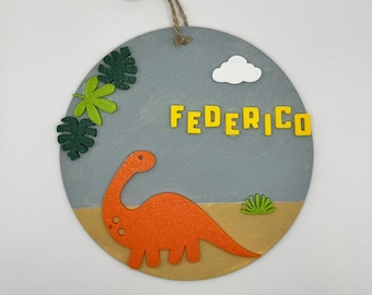 Disco Nascita in legno con stampa 3d Tema Dinosauri con nome personalizzato , regalo di nascita , idea nascita , regalo per la nuova mamma