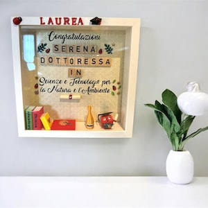 Könnte beinhalten: Eine weiße Schattenbox mit einem Abschluss-Thema. Die Box hat einen weißen Hintergrund mit einem grün-weißen Muster. Der Text in der Box lautet "Congratulazioni Serena Dottoressa in Scienze e Tecnologie per la Natura e l'Ambiente". Es gibt auch kleine rote Marienkäfer und eine Abschluss-Kappe.