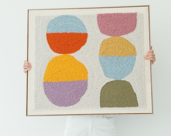 Arte de parede moderna com agulha perfurada, arte têxtil abstrata colorida, decoração artesanal em fibra, bordado emoldurado para sala de estar, decoração de casa
