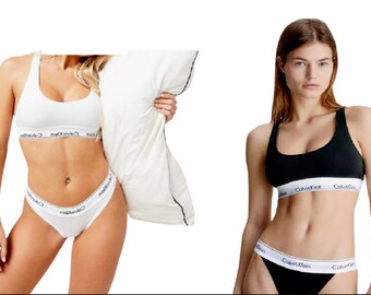 Set of 2 Ladies Calvin Klein Bralett & Thong Set Stretch Womens 1bra1 Boxer Black and Off-White