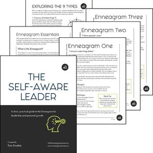May include: A collection of printed materials, including a book titled "The Self-Aware Leader" and several worksheets. The book cover is black with white and yellow text and a graphic of a head with a key. The worksheets are white with black text.