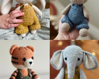 English Crochet Bunny, Elephant, Tiger and Bear Pattern SET (4 PDF patterns), Amigurumi, Animal Pattern, Overall Pattern, Beginner Crochet
