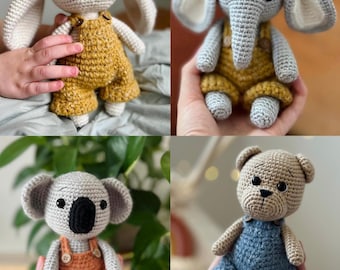 English Crochet Bunny, Elephant, koala and Bear Pattern SET (4 PDF patterns), Amigurumi, Animal Pattern, Overall Pattern, Beginner Crochet