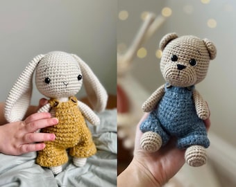English Crochet Bunny and Bear Pattern SET (2 PDF patterns), Amigurumi, Animal Pattern, Overall Pattern, Beginner Crochet, Crochet Clothes