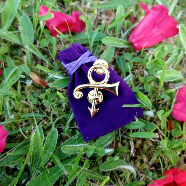 30% OFF TODAY - The Artist Prince Love Symbol Gold Silver Plated Pin Badge with Purple Velvet Pouch - Paisley Park