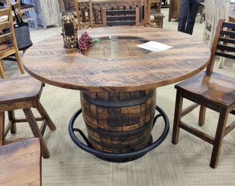 Whiskey Barrel Table with Footrest, 54" Repurposed Barnwood Top, and Metal Footrest | Free 4 Stools