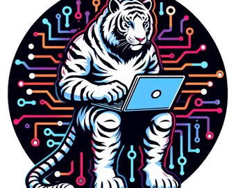 Tigre bianca con prestazioni di punta che lavora su un laptop