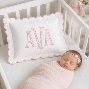 Personalized Monogram Pillow Cover, Dorm Room Pillow, Custom Embroidered Initial Cushion, Scalloped Nursery Decor, Baby Shower Gift