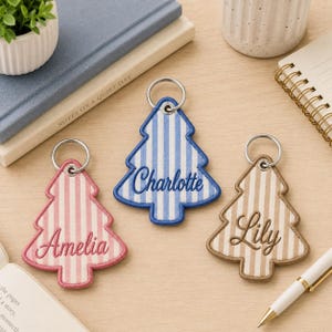 Personalized Embroidered Pine Tree Keychain, Christmas School Bag Tag, Back To School Gift For Kids, Aesthetic Name Keyring