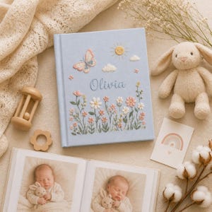 Personalized Baby Photo Album, Embroidered Flowers Baby Book, Custom Linen Scrapbook, Baby Keepsake Gift For New Parents