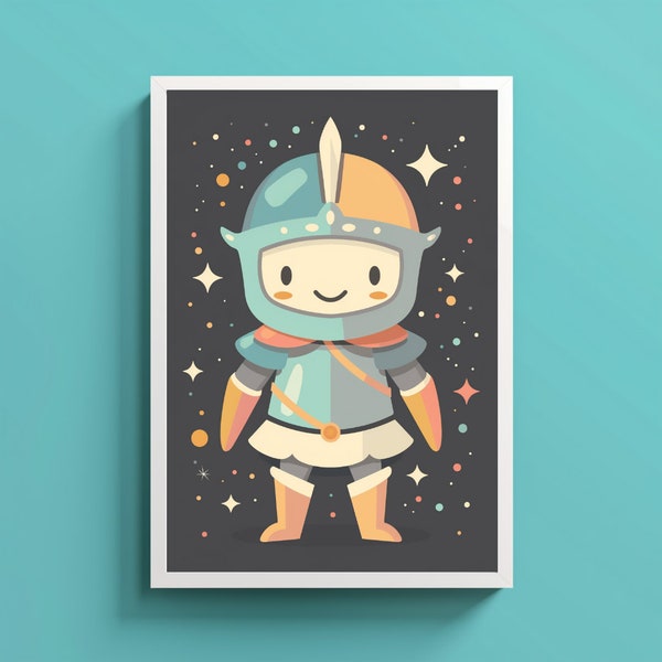 Poster numérique à imprimer : Illustration Chevalier Mignon, Style Vectoriel, Idéal pour une Déco Enfant Fantaisiste. Petit garçon.