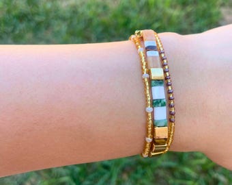 Elegant Tila Beaded Bracelet Set | Stretchy Bracelet Trio | Handmade Minimalist Jewelry
