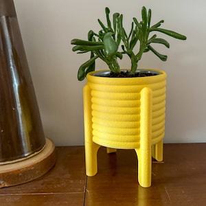 May include: A yellow planter with a ribbed design and four legs. The planter is filled with a green succulent plant.