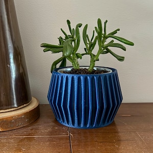 May include: A blue, geometric planter with a ribbed design holds a small succulent plant with green leaves. The planter is sitting on a wooden surface.